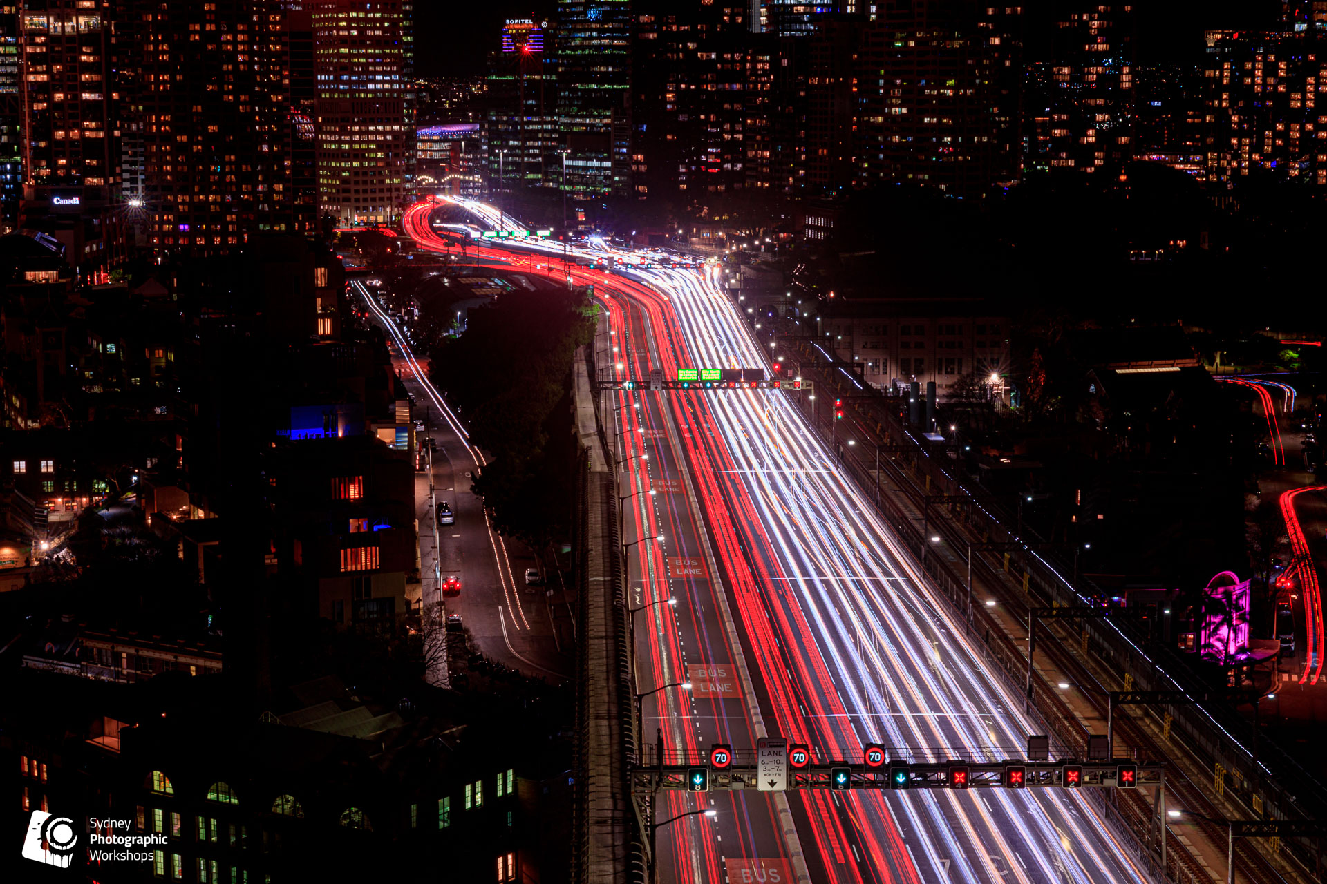 Traffic light trails on a Sydney expressway captured with a long exposure at night