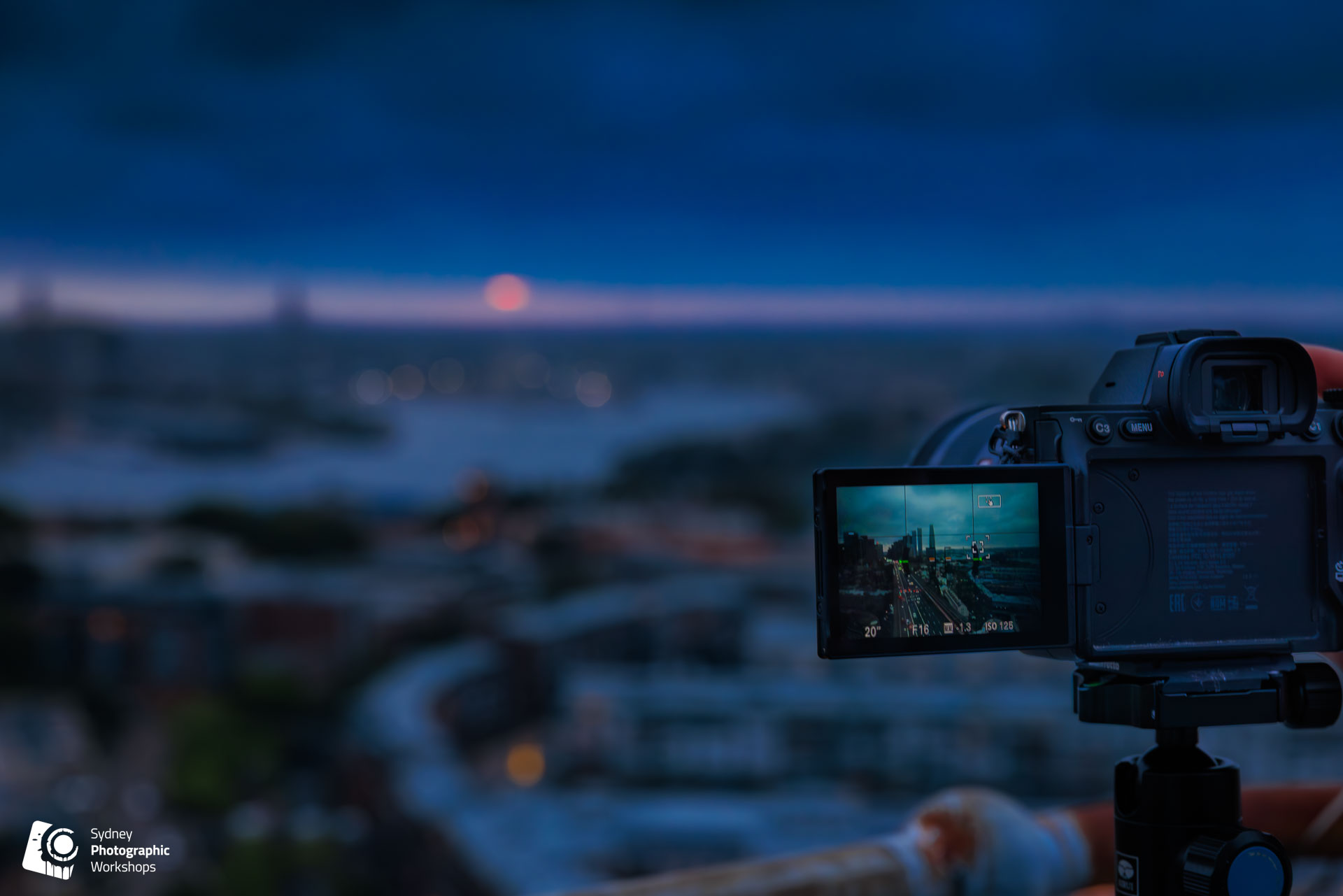 A camera on a tripod set up for a long exposure of Sydney at blue hour